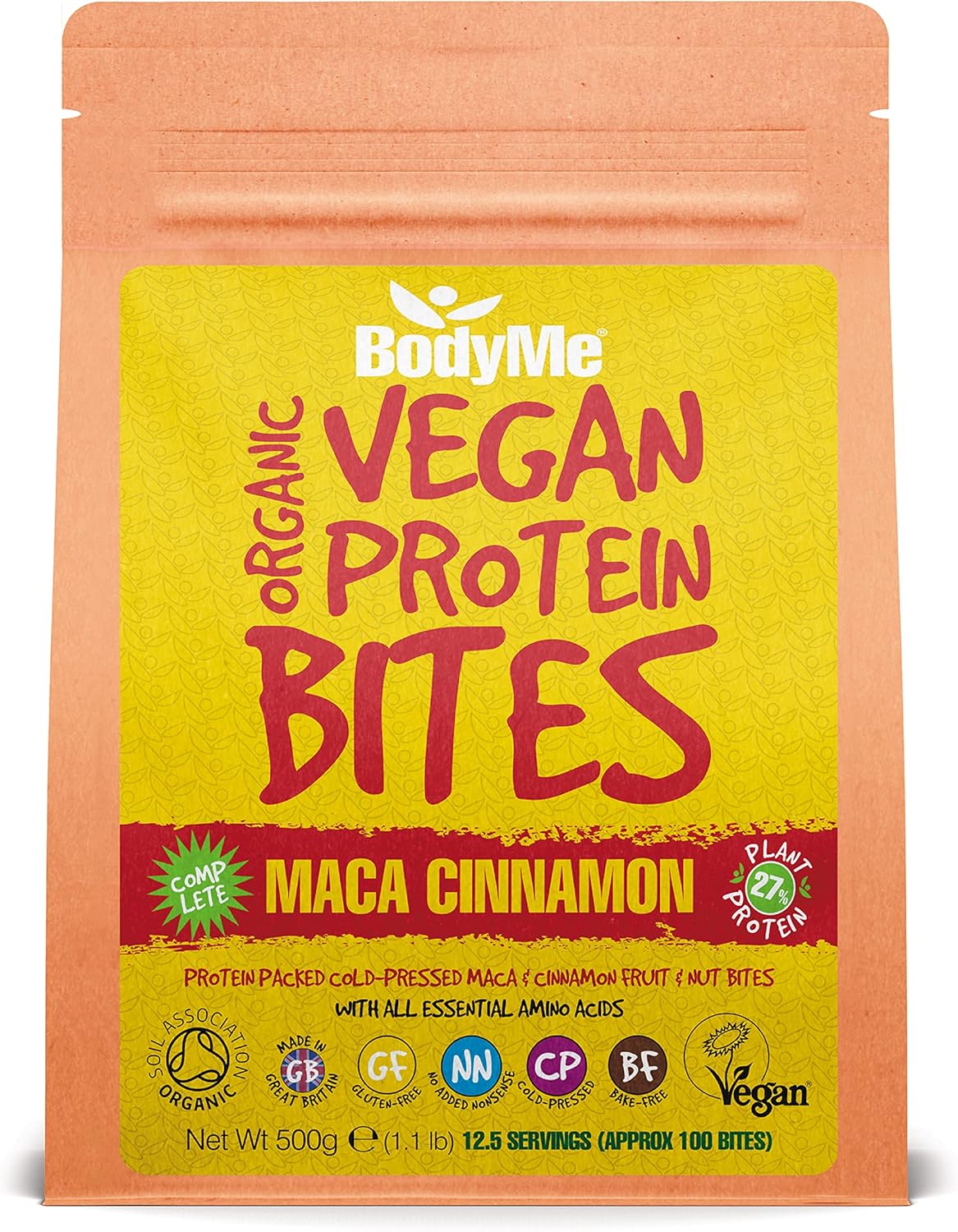 BODYME Organic Vegan Protein Bites – Raw Maca Cinnamon - 100% Plant-Based, No Added Sugar – Gluten-Free, Dairy-Free-On-The-Go High Protein Snack- 10g Protein Per Serving (500g - 12.5 Servings)