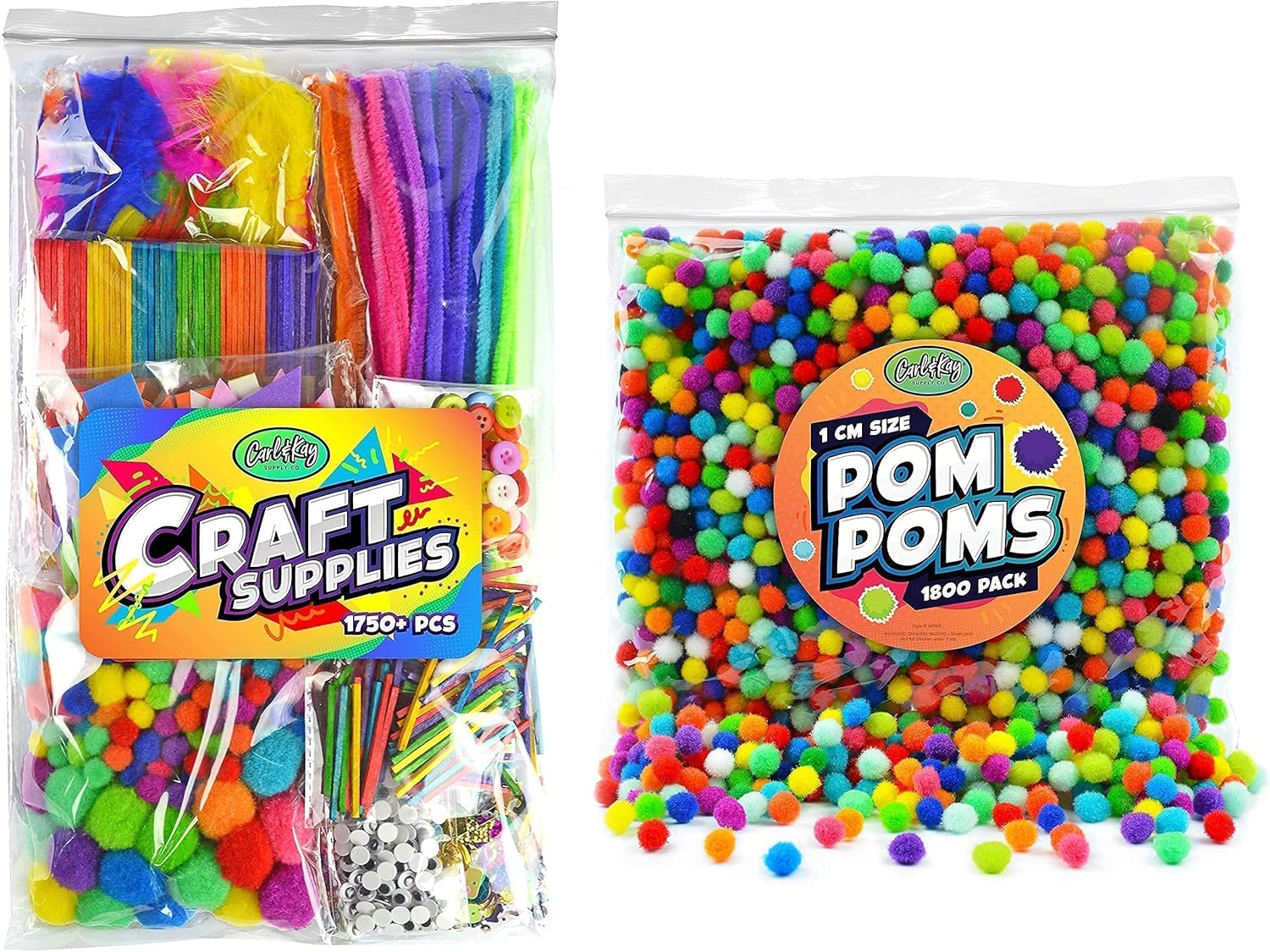 Carl & Kay 1750+ pcs Crafts Supplies for Kids & 1800 1 cm Pom Poms