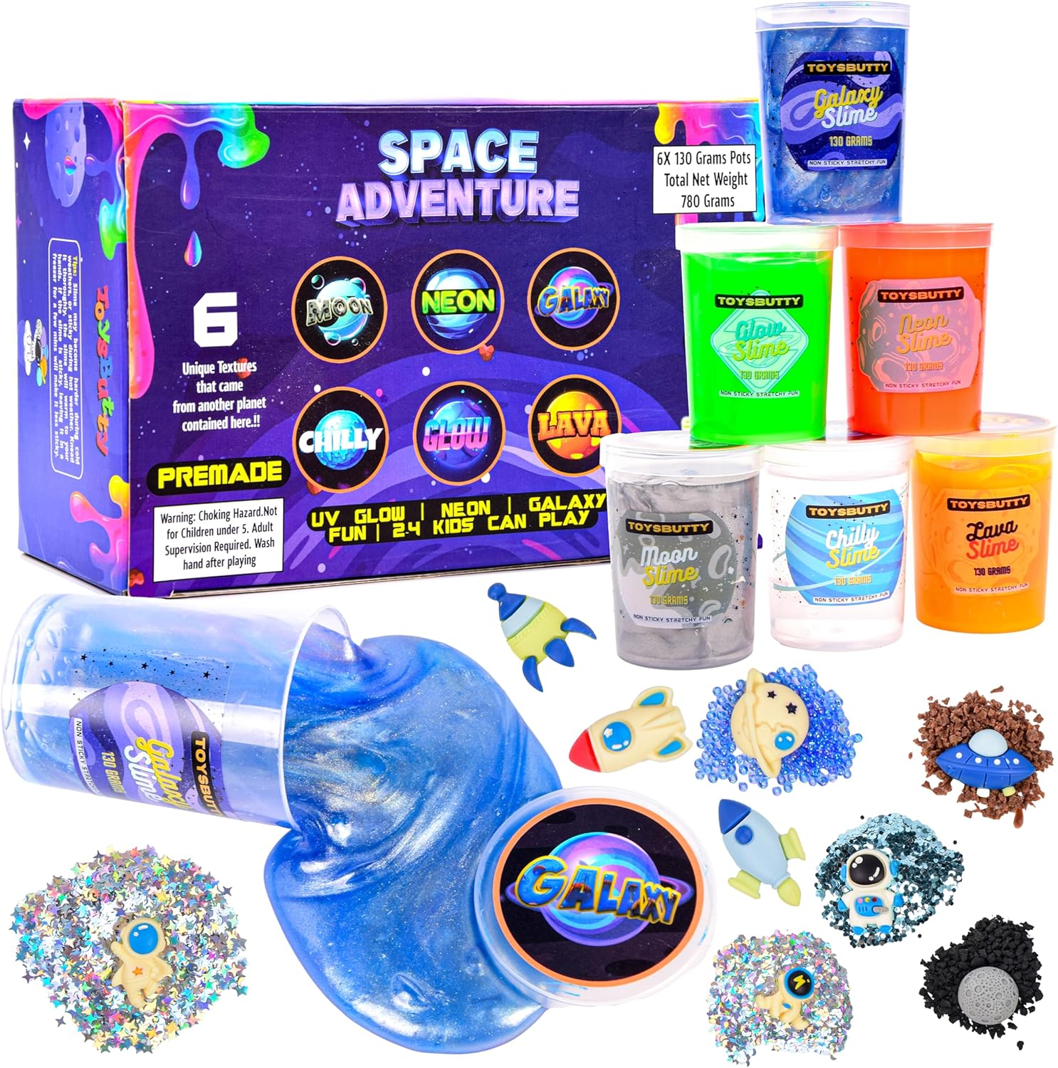 ToysButty 6 Galaxy Slime Kit for Boys Girls, Stretchy None Sticky Slime Educational Toys Set with Space Slime Charms & Galactic add ins, Neon Glow Metallic Slimes, Party Favor Sensory Putty Slime Toy