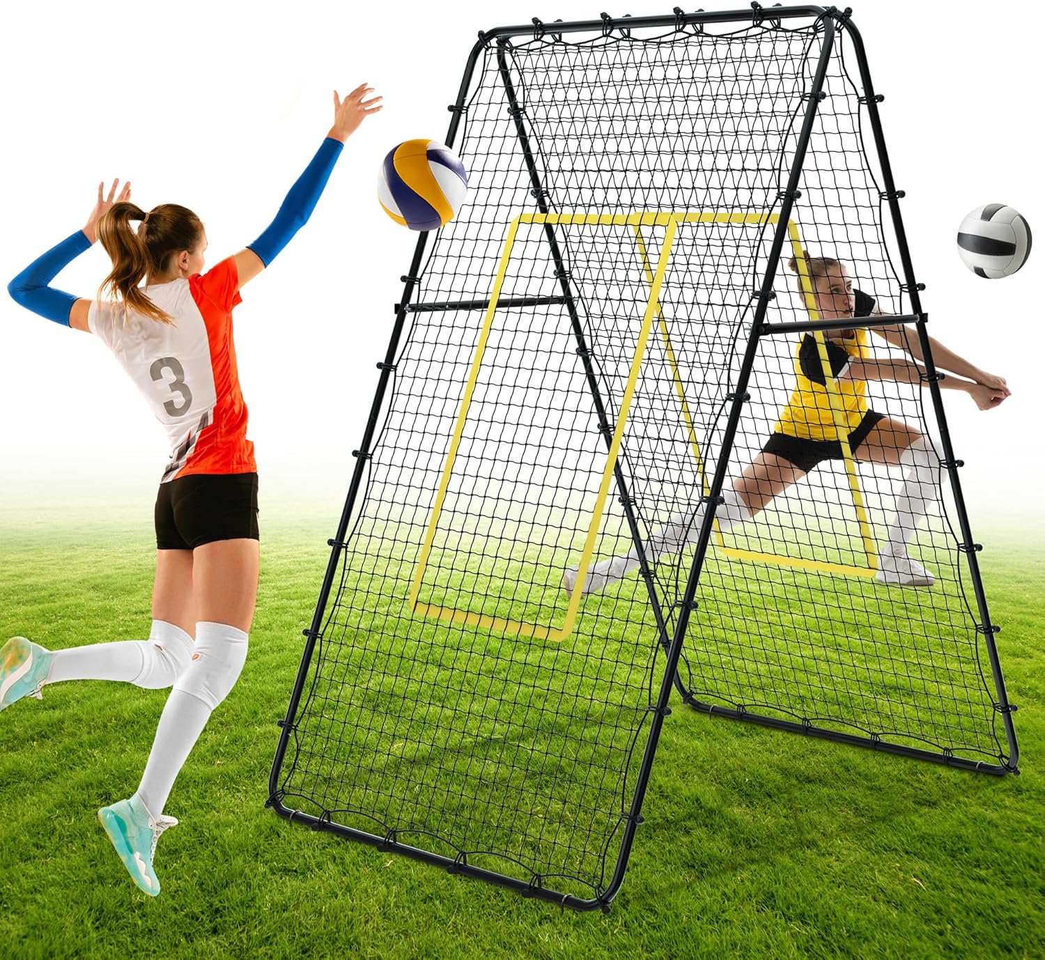 Jolitac Double Sided Volleyball Rebounder Net, 7x4 Ft Adjustable Training Equipment Bounce Back Net, Practice for Setting Spiking Bumping, Multi-Person Lacrosse, Baseball, Football Practicing
