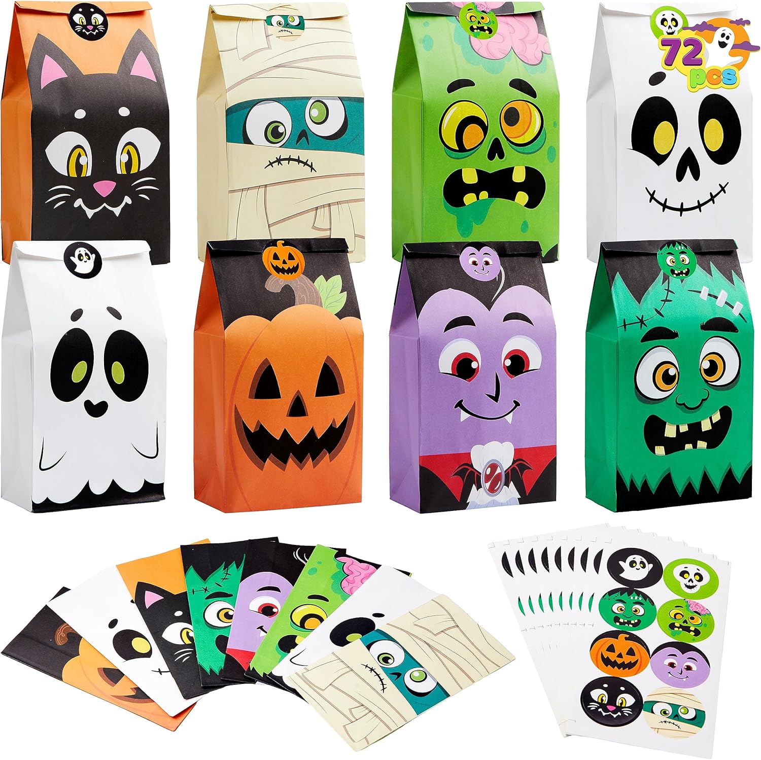 JOYIN 72pc Trick or Treat Bags - 6 Styles with Stickers, Goodie & Candy Bags for Kids' Halloween