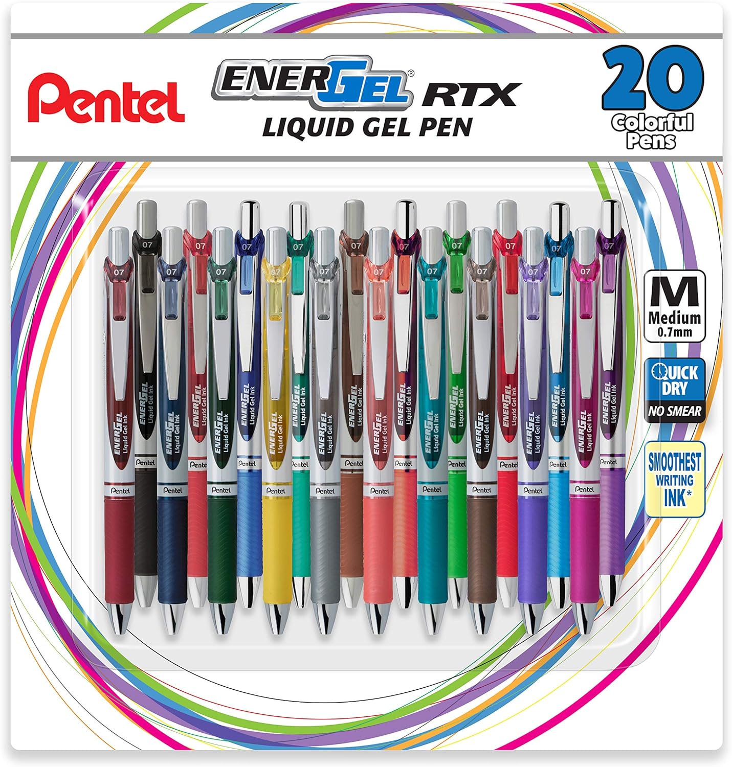 Pentel EnerGel RTX Retractable Liquid Gel Pen, (0.7mm), Medium line, Assorted Ink, Pack of 20 (BL77BP20M)