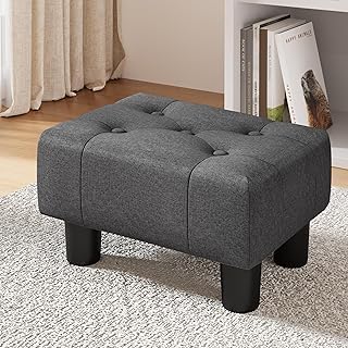 LUE BONA Small Foot Stool Ottoman, Fabric Tufted Footrest with Plastic Legs, 9''H, Rectangle Foot Stools for Adult with Non-Slip Pads, Footstool for Living Room,Couch, Carbon Grey