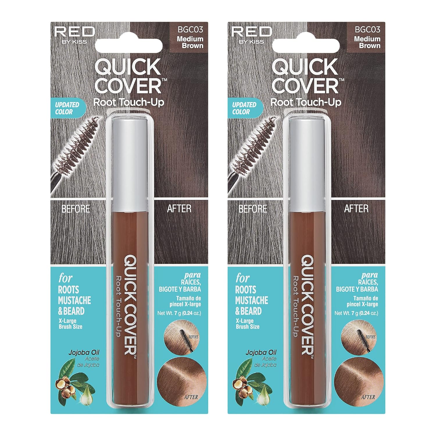 RED by KISS Quick Cover Root Touch Up Rescue (Medium Brown 2 Pack), Mascara Natural Water-Resistant Temporary Gray Concealer Cover Up Brush for Hair Mustache & Beard, Formulated with Jojoba Oil