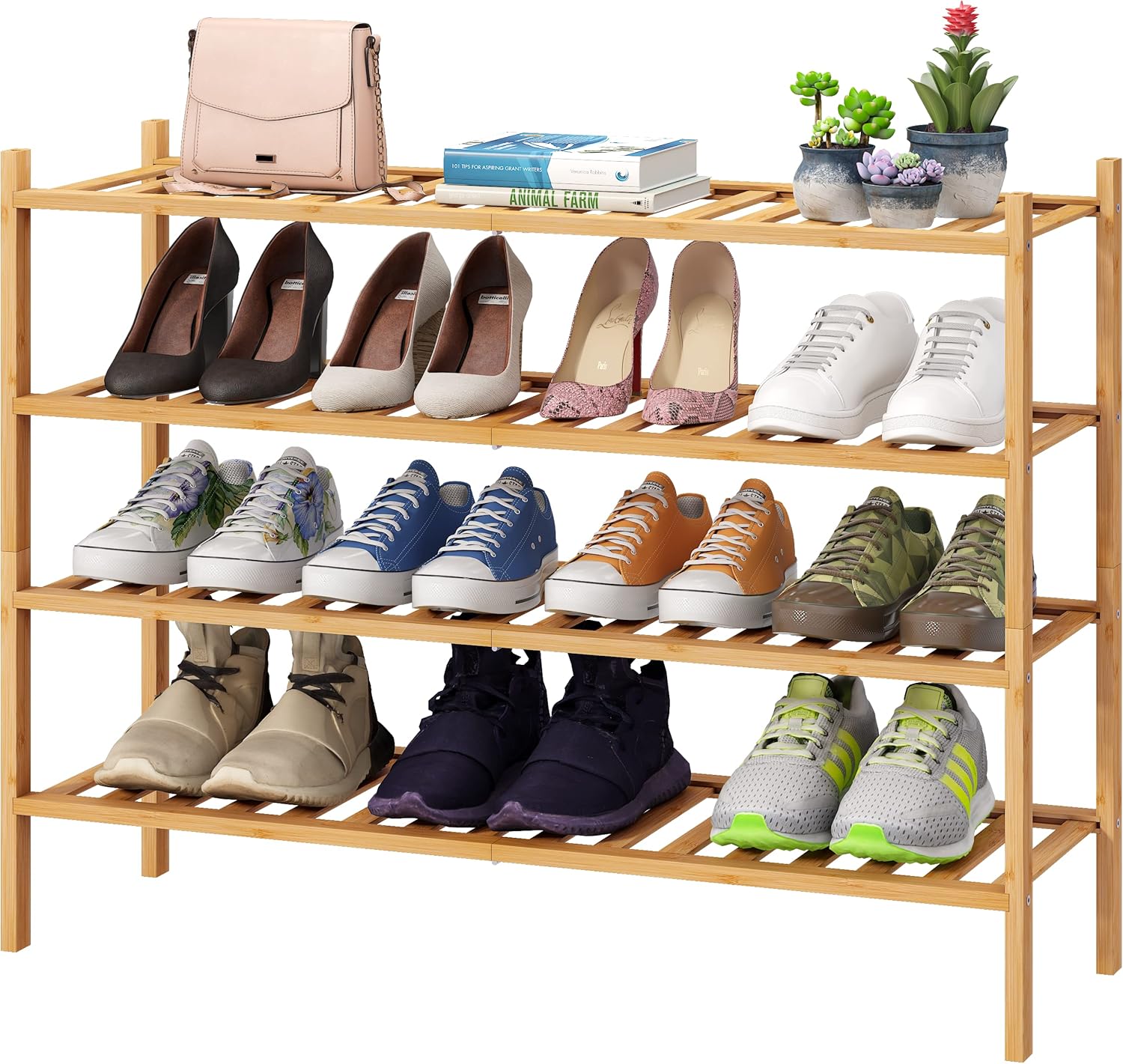 Shoe Rack, 4-Tier Long Shoe Rack for Entryway, Bamboo Wood Shoe Rack for Closet & Hallway, Long 33IN | Beautiful | Functional | Sturdy | Durable