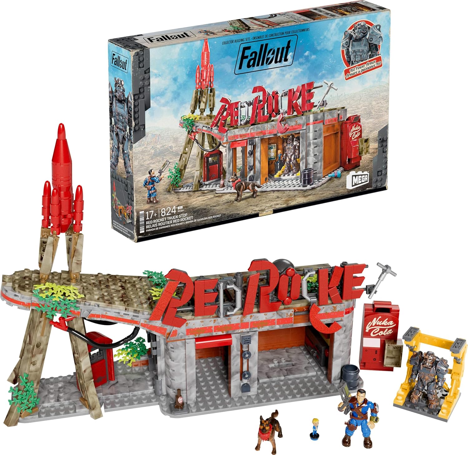 MEGA Fallout Action Figures Building Toys, Red Rocket Truck Stop with 824 Pieces, 2 Poseable Characters and Accessories, for Collectors