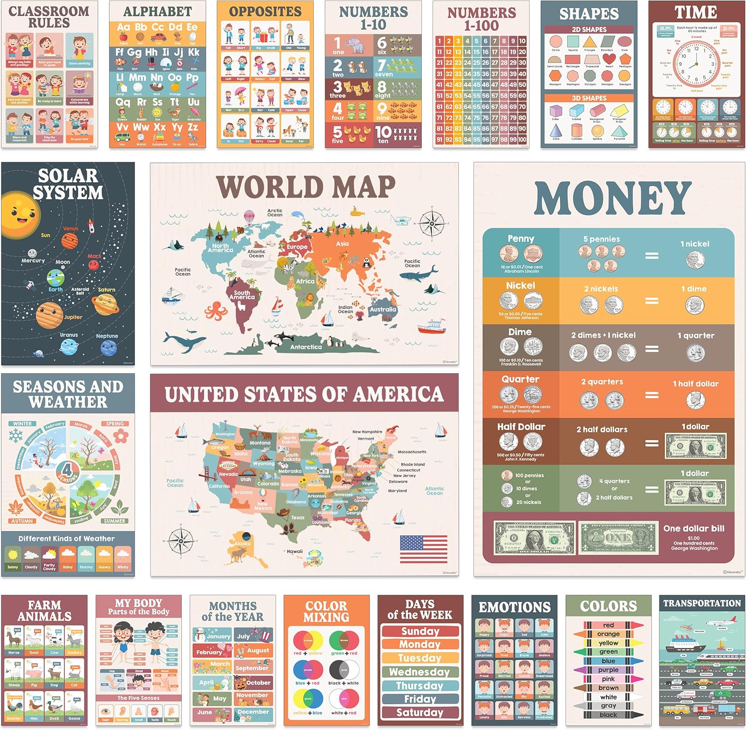 Decorably 20 Boho Educational Posters for Kindergarten, 11x17in Matte-Laminated Educational Kindergarten Posters for Homeschool, Classrooms, School Hallways, Bulletin Boards