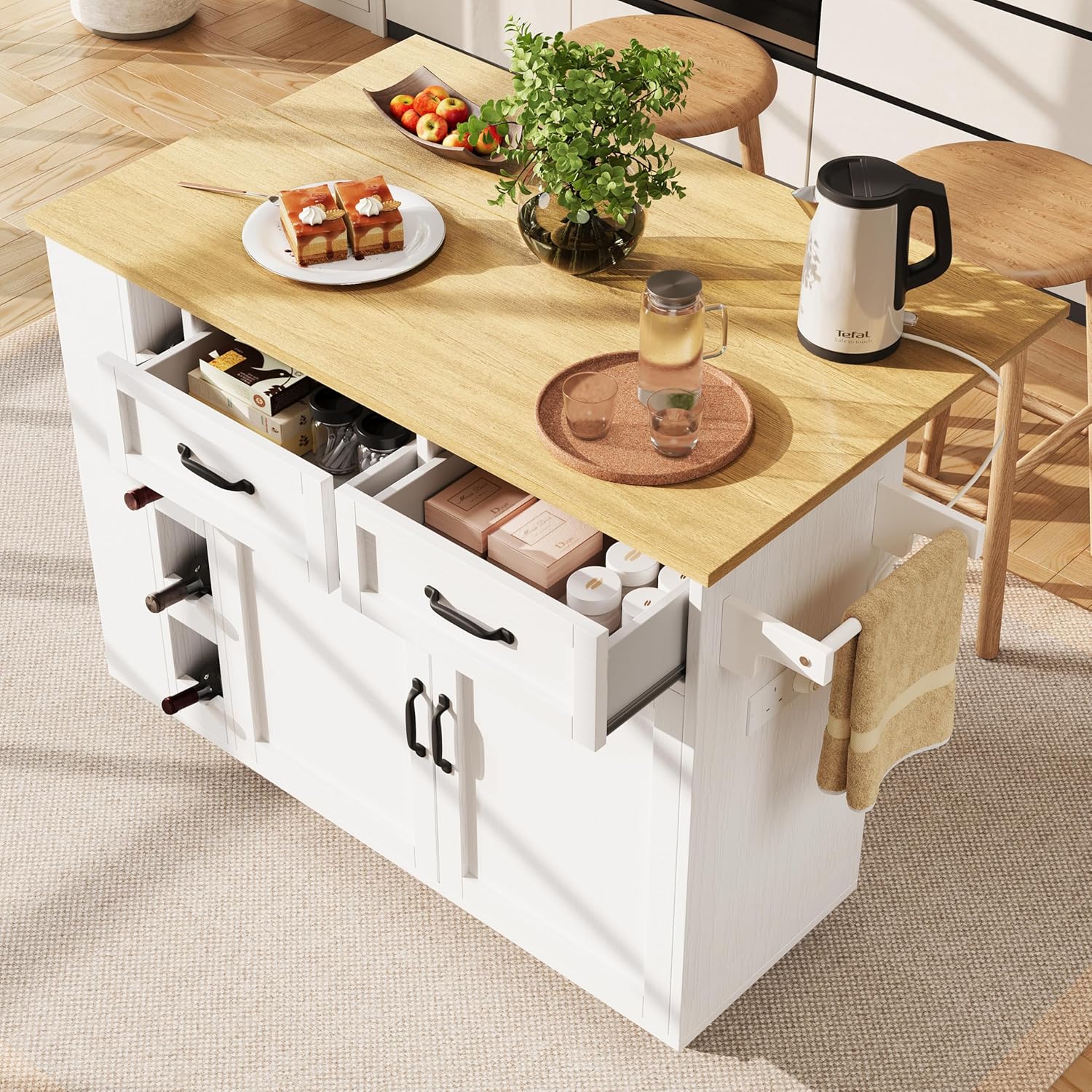 Miyemo Kitchen Island on Wheels, Kitchen Trolley Equipped with Power-Strip, Removable Kitchens Storage Cabinet, Buffet Cabinet with Wood Grain, White