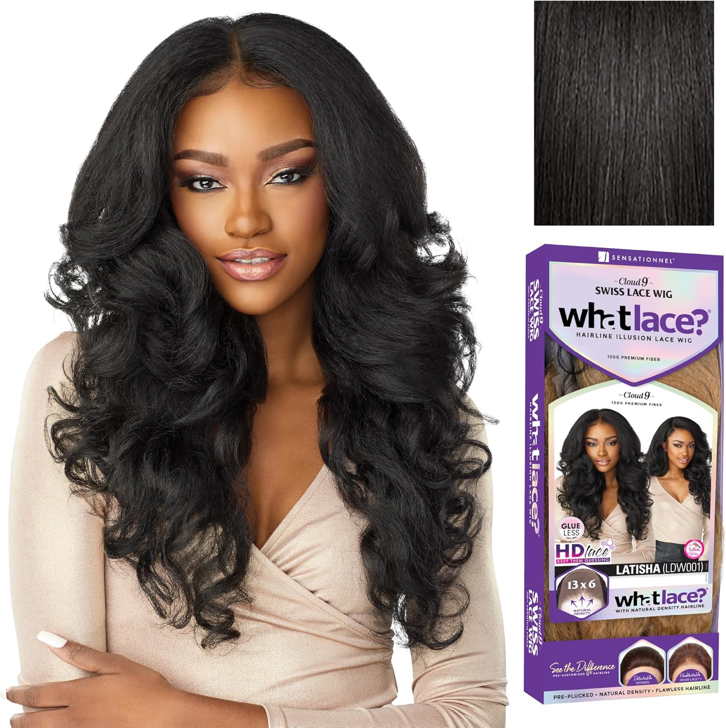 Sensationnel WHAT LACE 13x6 Wigs - Cloud 9 Synthetic Hair Hand Tied Natural Preplucked Hairline Illusion Lace Frontal Lacewig -Whatlace LATISHA (1B)