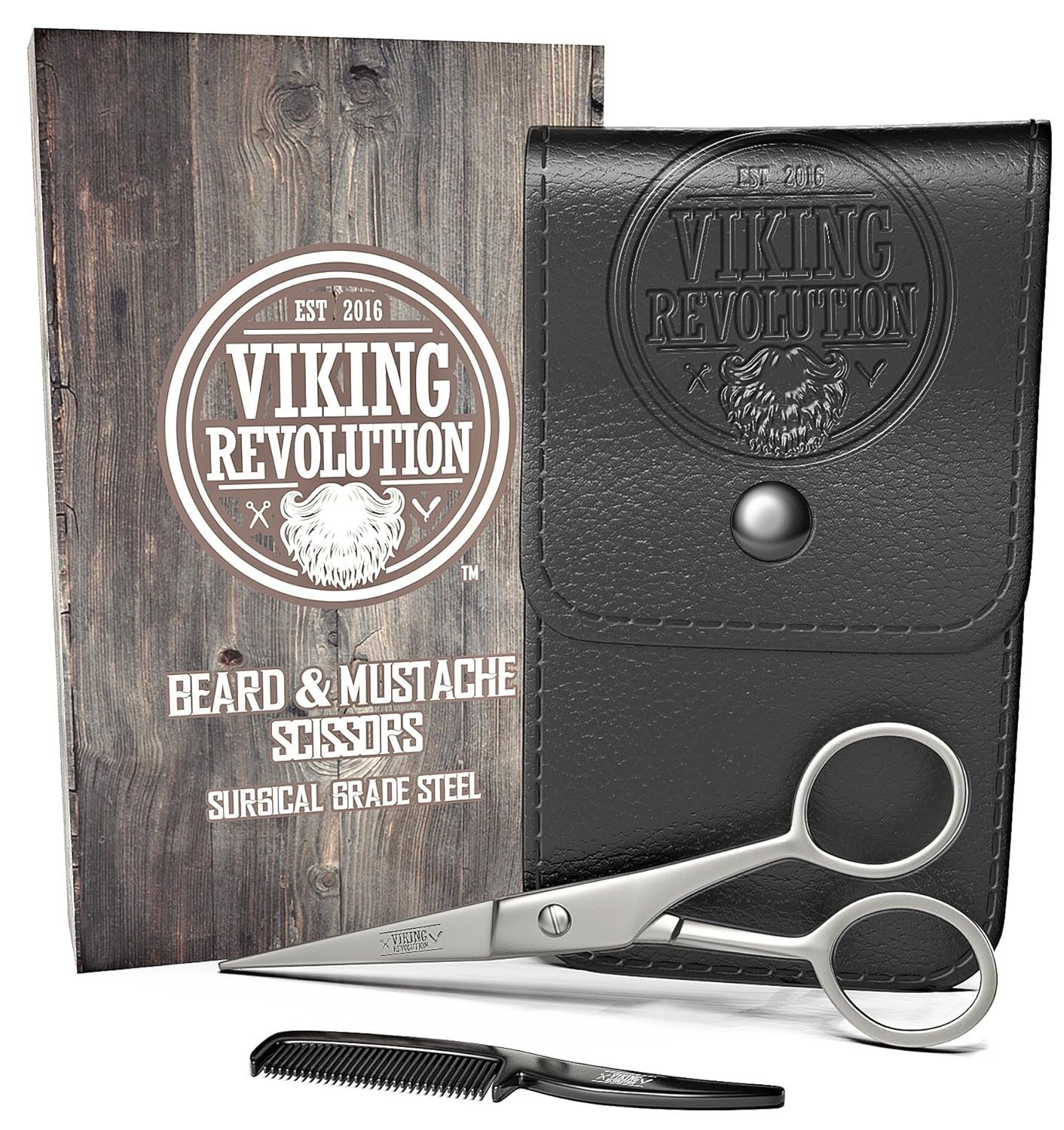 Viking Revolution - Beard and Mustache Scissors w/Comb and Synthetic Leather Case Professional Sharp Surgical Grade Steel for Trimming, Grooming, Cutting Mustache, Beards & Eyebrows Hair