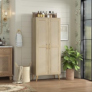 Storage Cabinet with Rattan Doors and Adjustable Shelves Bathroom Floor Cabinet 57.48" H Boho Kitchen Pantry for Farmhouse Living Room Entryway Natural