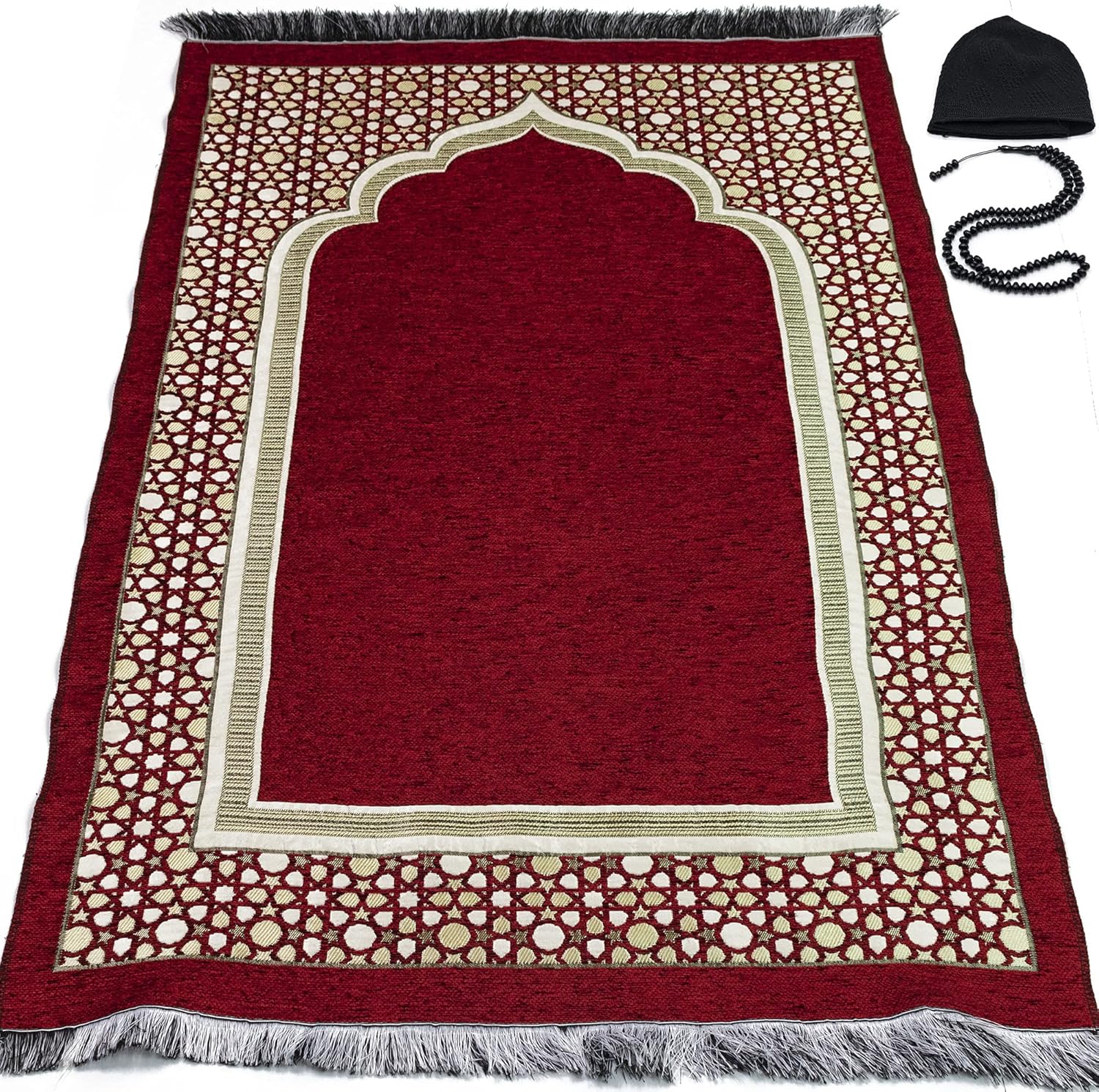 Modefa Turkish Islamic Prayer Mat - Thin Woven Chenille Sajjadah - Intricate Praying Rug Ramadan Eid Gift - Traditional Muslim Janamaz Sajada for Men Women - Geometric Selcuk Star (Red)
