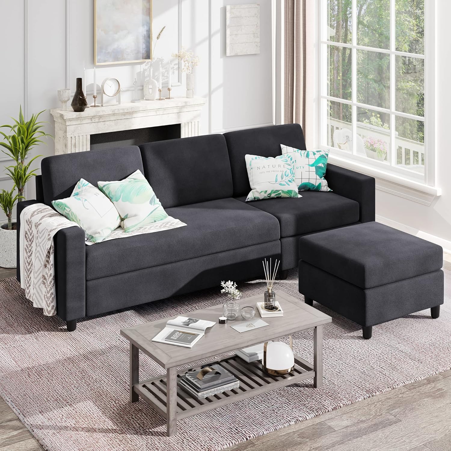 Convertible Sectional Sofa Couch,3 Seat L Shaped Couches with Storage Function Ottoman,Modern Linen Convertible Sectionals Sofas with Armrest Reversible Chaise for Living Room and Small Space (Black)