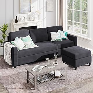 Convertible Sectional Sofa Couch,3 Seat L Shaped Couches with Storage Function Ottoman,Modern Linen Convertible Sectionals Sofas with Armrest Reversible Chaise for Living Room and Small Space (Black)