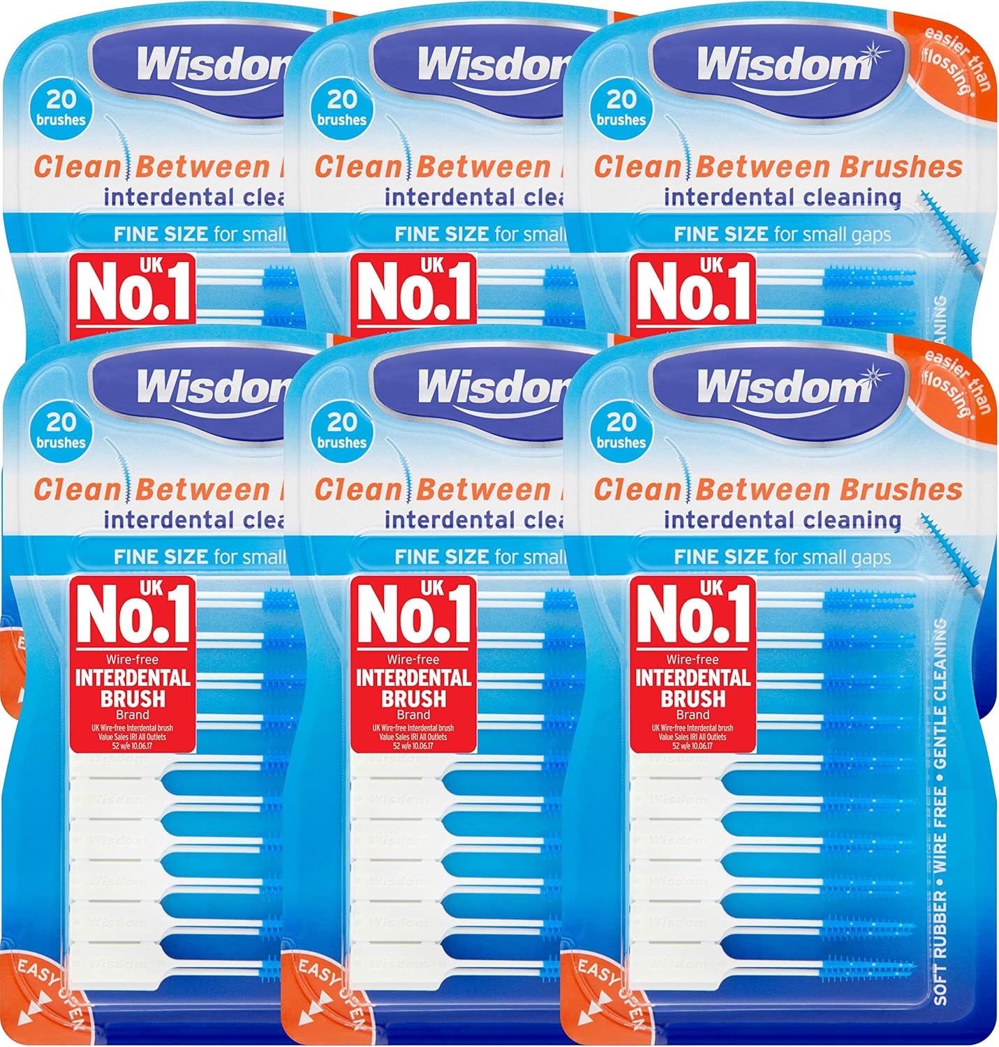 6x Wisdom Clean Between Interdental Brushes - Pack of 20 – Size Fine Blue (Tot. 120 pcs)