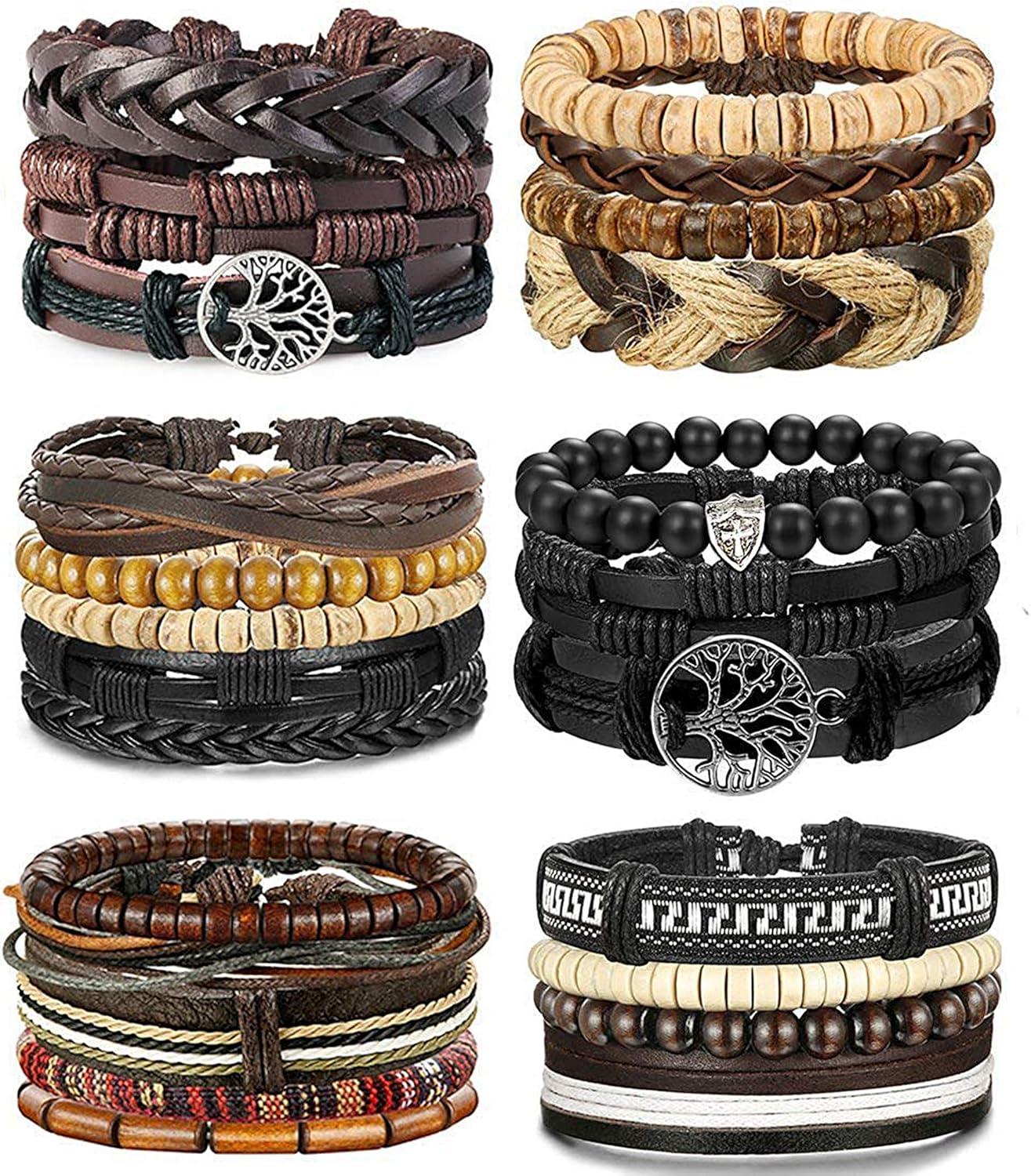 BESTEEL 24 x Leather Bracelets for Men and Women - Braided Rope Cuff Bracelet - Tree of Life Vintage - Adjustable Black Brown - One Size