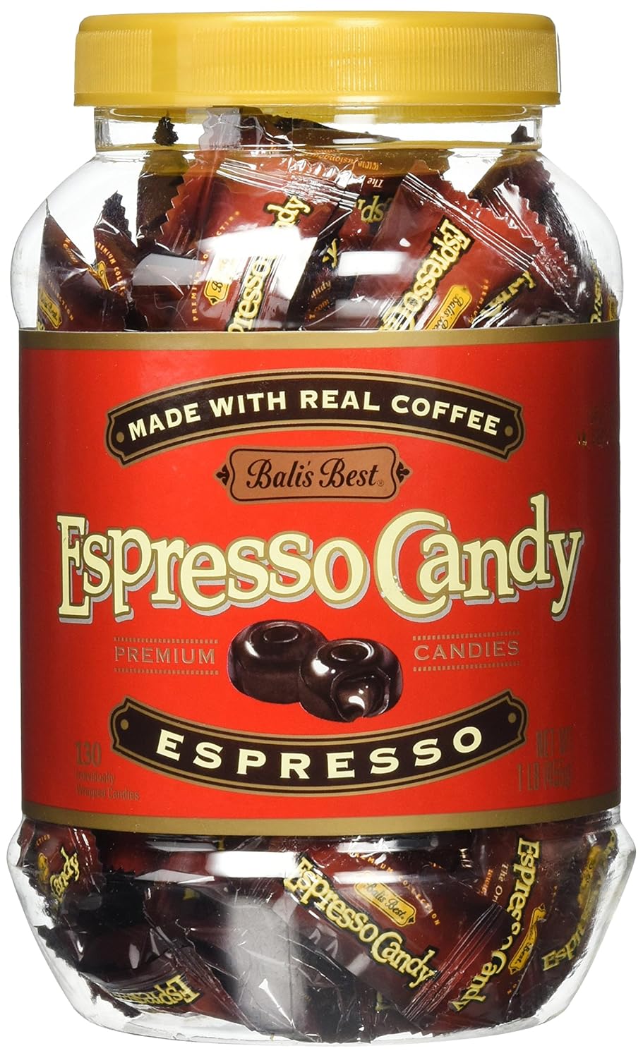 Bali's Best Espresso Candy, 1 Pound Jar, Individually Wrapped Hard Candy with Espresso Filled Center, Made with Real Sumatran Coffee, Halal