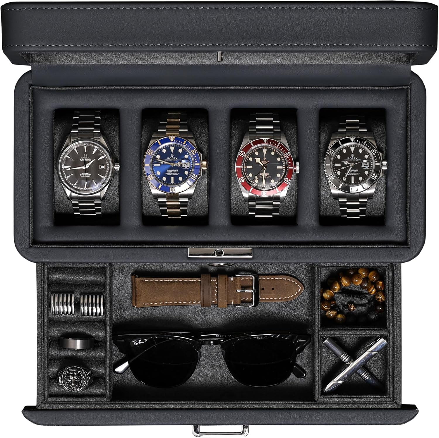 ROTHWELL 4 Slot Leather Watch Box with Valet Drawer - Luxury Case Display Jewelry Organizer, Locking Display Case Holder with Real Glass Top - Watch Box Organizer for Men & Women (Carbon)