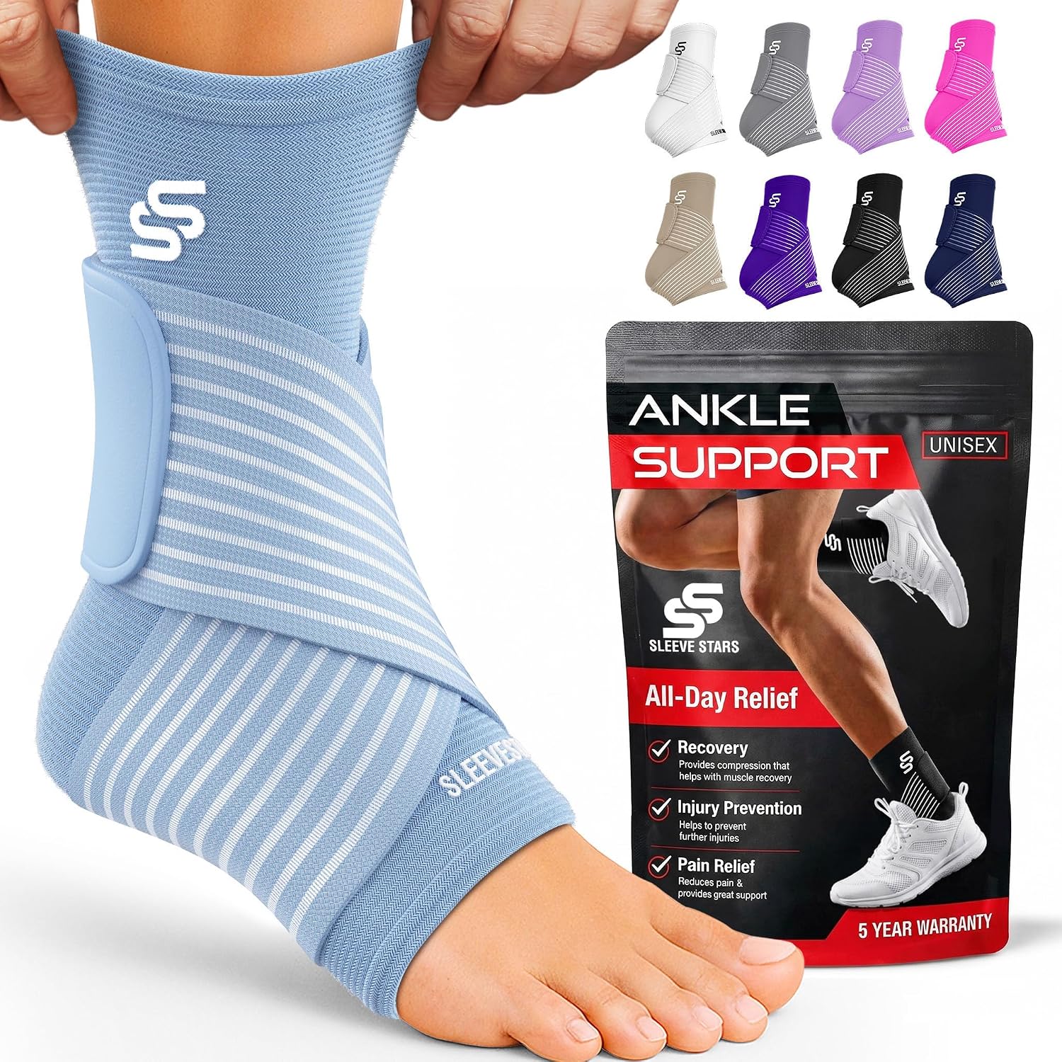 Sleeve Stars Ankle Brace for Women & Men, Ankle Wrap for Sprained Ankle, Compression Sleeve for Plantar Fasciitis Relief, Easy Customizable Support: w/Removable Strap (Single/L:12"-13"/Light Blue)