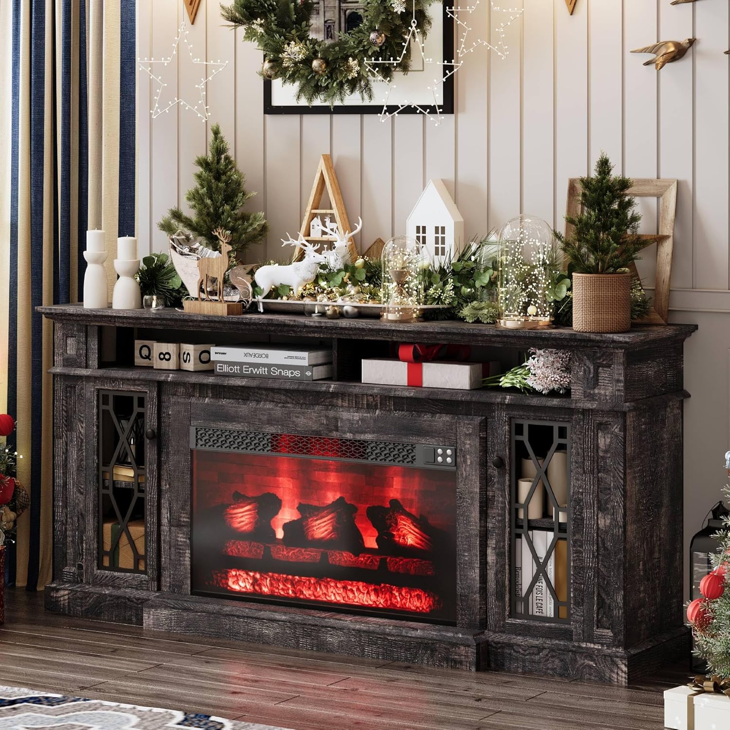 70" Fireplace TV Stand with Storage for TVs up to 80", Farmhouse Fireplace Entertainment Center with Glass Doors/Adjustable Shelves, TV Media Console for Living Room, Dark Oak