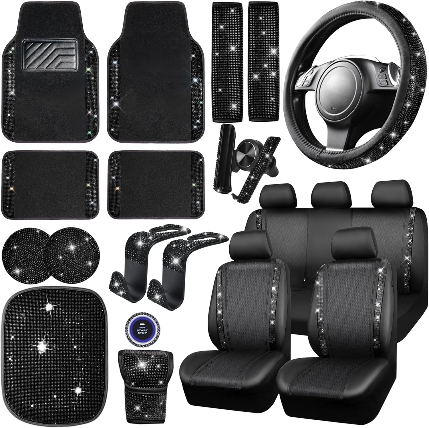 CAR PASS 23 PCS Bling Diamond Car Accessories Set for Women, Leather Seat Covers Full Set Floor Mats Steering Wheel Cover, Coasters Seat Belt Covers Phone Holder Universal Fit Car SUV Truck Van Black