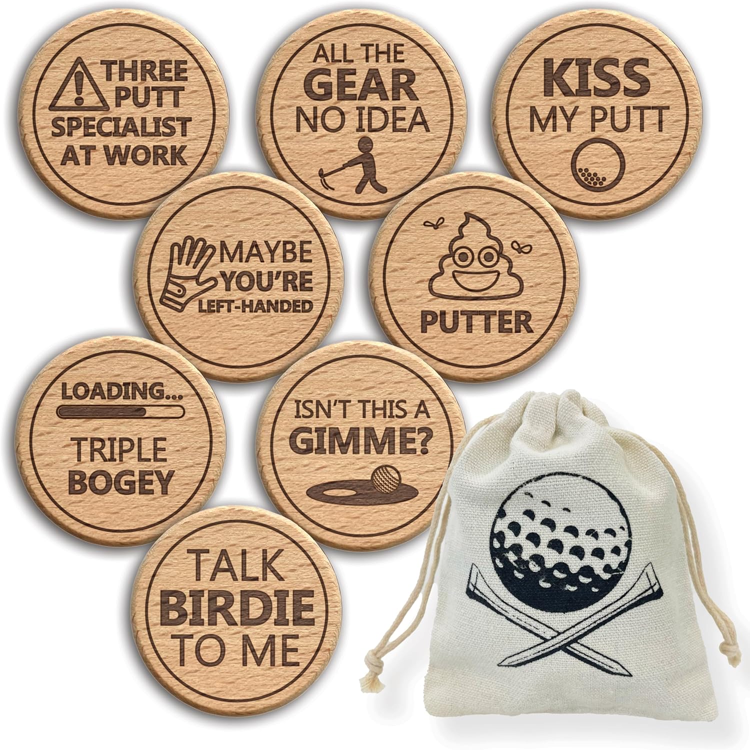 Funny Golf Ball Markers | Set of 8 Novelty Wooden Engraved Markers + Drawsting Bag | Joke Golf Accessories For The Putting Green | Gift For Bad Putters | Golf Day Competition/Tournament Prize