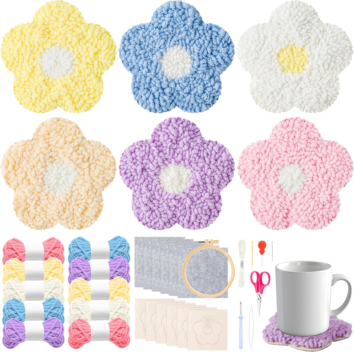WATINC 22PCS Craft Punch Needle Coaster Kit with Colorful Flower Pattern DIY Embroidery Kit for Beginner Easy Embroidery Art and Crafts Needle Coaster with Instruction for Adults