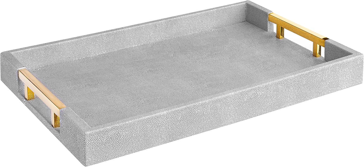 Modern Elegant 18"x12" Rectangle Glossy Grey Shagreen Faux Leather Tray Decorative Tray Ottoman Tray Coffee Table Perfume Kitchen Serving Tray with Gold Polished Metal Handles.