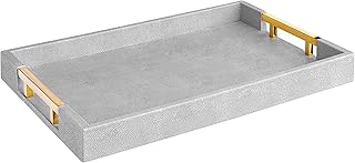 Modern Elegant 18"x12" Rectangle Glossy Grey Shagreen Faux Leather Tray Decorative Tray Ottoman Tray Coffee Table Perfume Kitchen Serving Tray with Gold Polished Metal Handles.