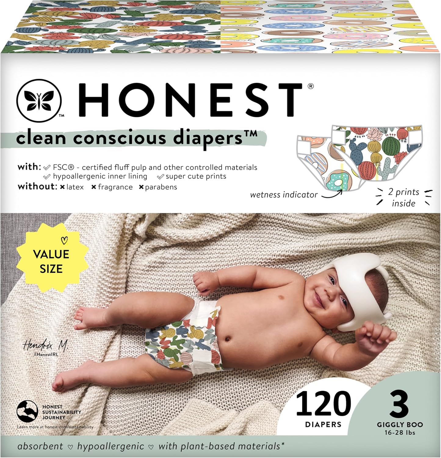 The Honest Company Clean Conscious Diapers | Plant-Based, Sustainable | Cactus Cuties + Donuts | Super Club Box, Size 3 (16-28 lbs), 120 Count