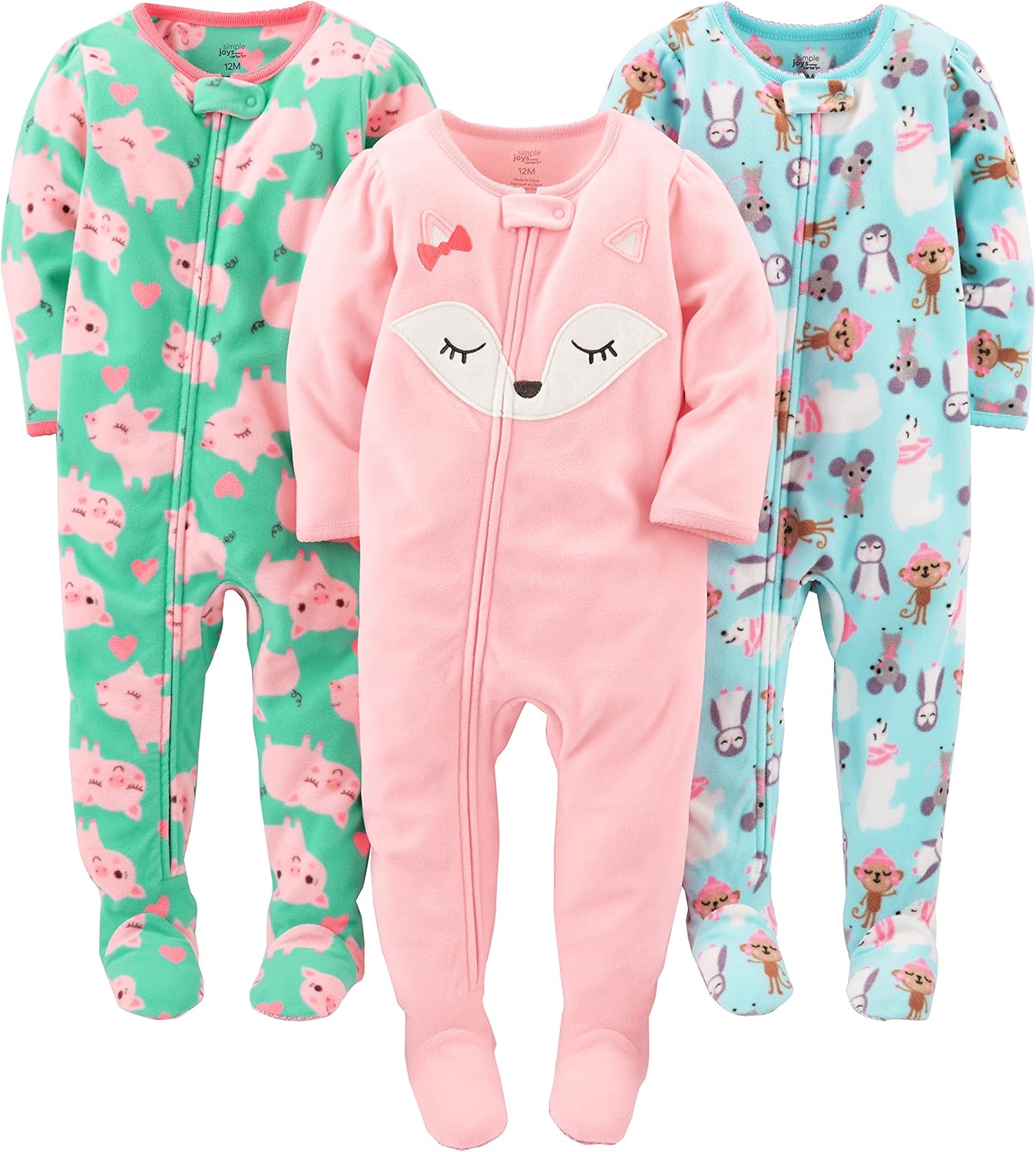 Simple Joys by Carter's Toddlers and Baby Girls' Loose-Fit Flame Resistant Fleece Footed Pajamas, Pack of 3