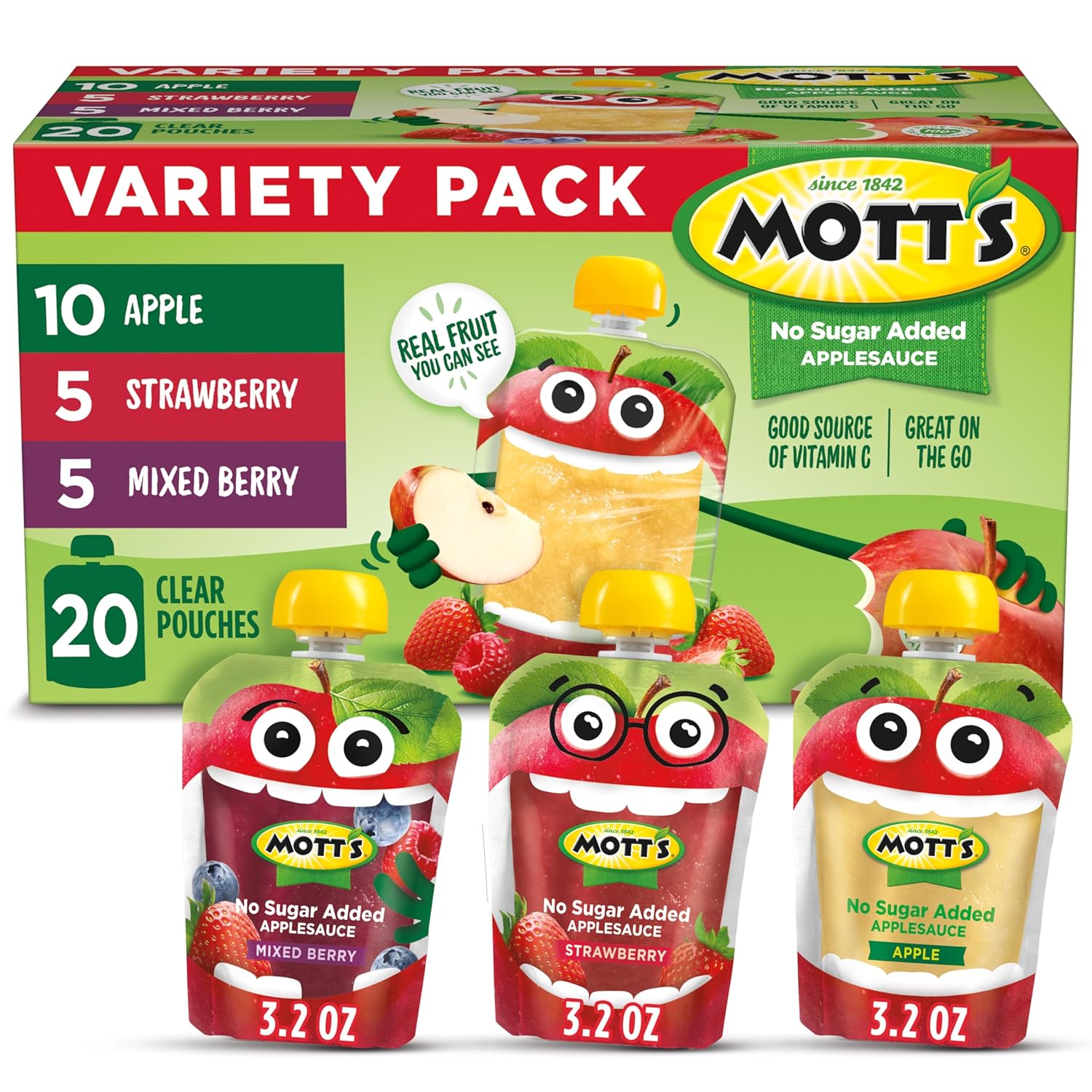 Mott's No Sugar Added Applesauce Variety Pack, 3.2 oz clear pouches, 20 pack, Made From Real Fruit, Good Source of Vitamin C, On-the-Go