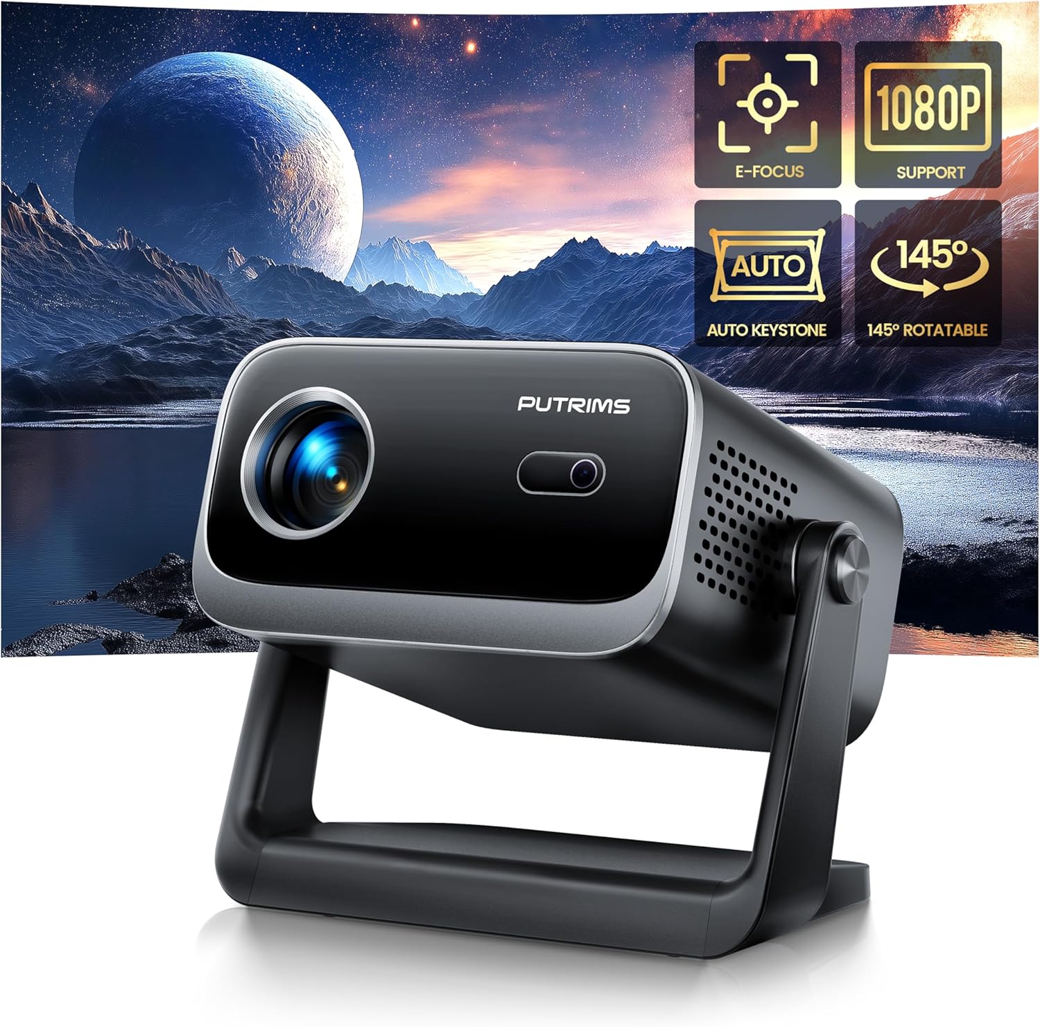 [145°Adjustable Stand] Mini Projector with WiFi and Bluetooth, Electric Focus & Auto Keystone PUTRIMS 1080P Support Portable Movie Projector Mini Bluetooth Projector for Phone TV Stick HDMI USB Black