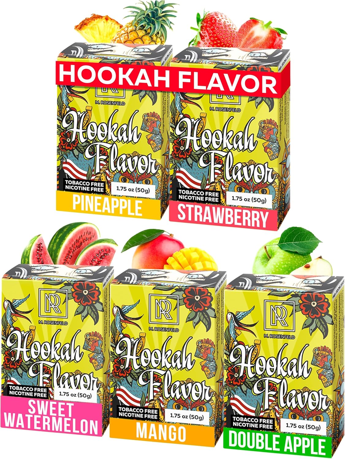 Pleasure Flavor Hookah Flavors Set - 5 x 1.76 oz Non Tobacco Hooka Flavor for your Bowl (Sweet Watermelon - Double apple - Mango - Pineapple - Strawberry) Hookah Bundle Pack of 5 - Try these Tobacco Free Shisha
