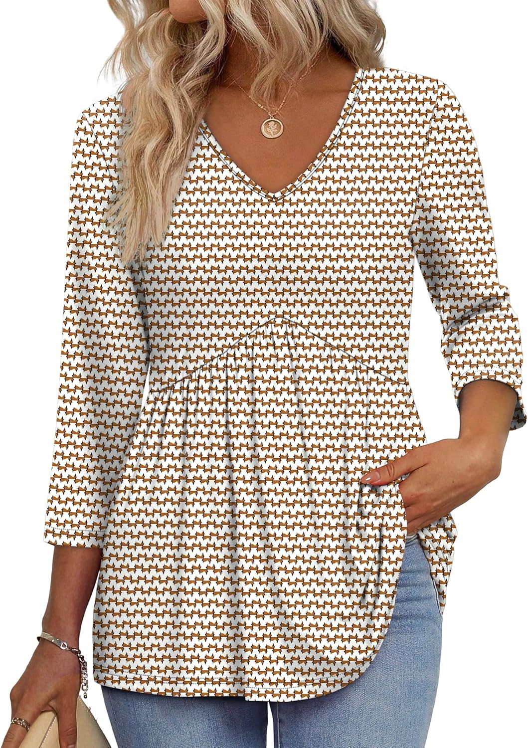 3/4 Length Sleeve Womens Tops 2025 Blouses for Women Dressy Casual Fashion Clothing V Neck Babydoll Tops Fall Outfits