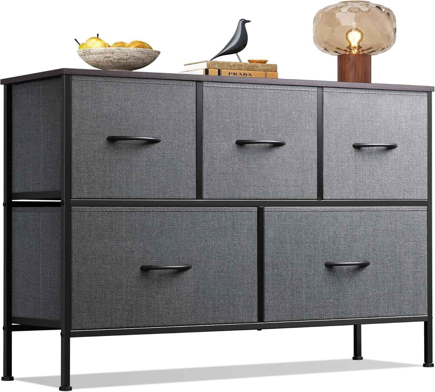 WLIVE Dresser for Bedroom with 5 Drawers, Long Storage Dresser, Fabric Dresser, Storage Drawer Unit with Fabric Bins for Closet, Hallway, Dark Grey, Size L
