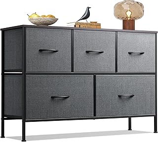 WLIVE Dresser for Bedroom with 5 Drawers, Long Storage Dresser, Fabric Dresser, Storage Drawer Unit with Fabric Bins for Closet, Hallway, Dark Grey, Size L