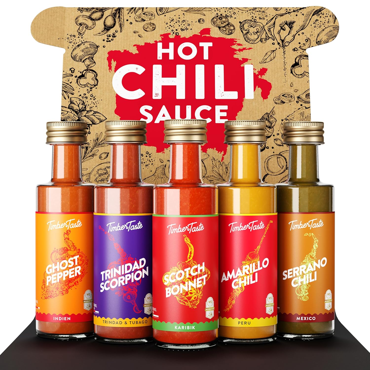 TIMBER TASTE® World Hot Sauce Gift Set [5x1.35 oz] Hot Sauce Variety Pack - Spicy Condiment Set for Heat Lovers in Mini Bottles - Gourmet Spicy Food Gifts for Women & Men - Birthday Gifts for Men