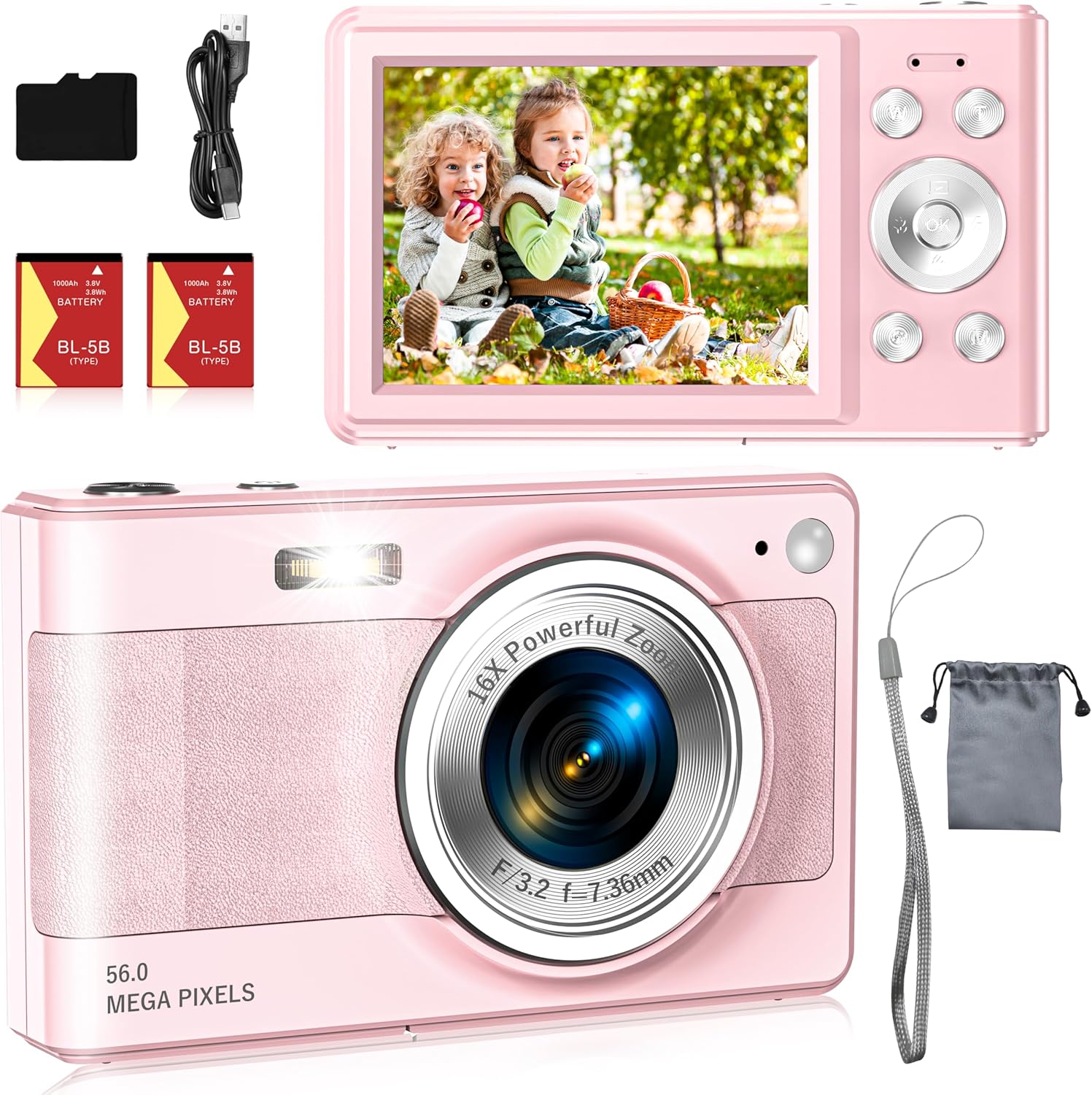 Upgrade Digital Camera, 56MP FHD 1080P Camera for Kids with 16x Zoom Anti Shake, Kid Camera with 32GB TF Card, Two Batteries, Lanyard, Compact Small for Kids Boys Girls（Pink）
