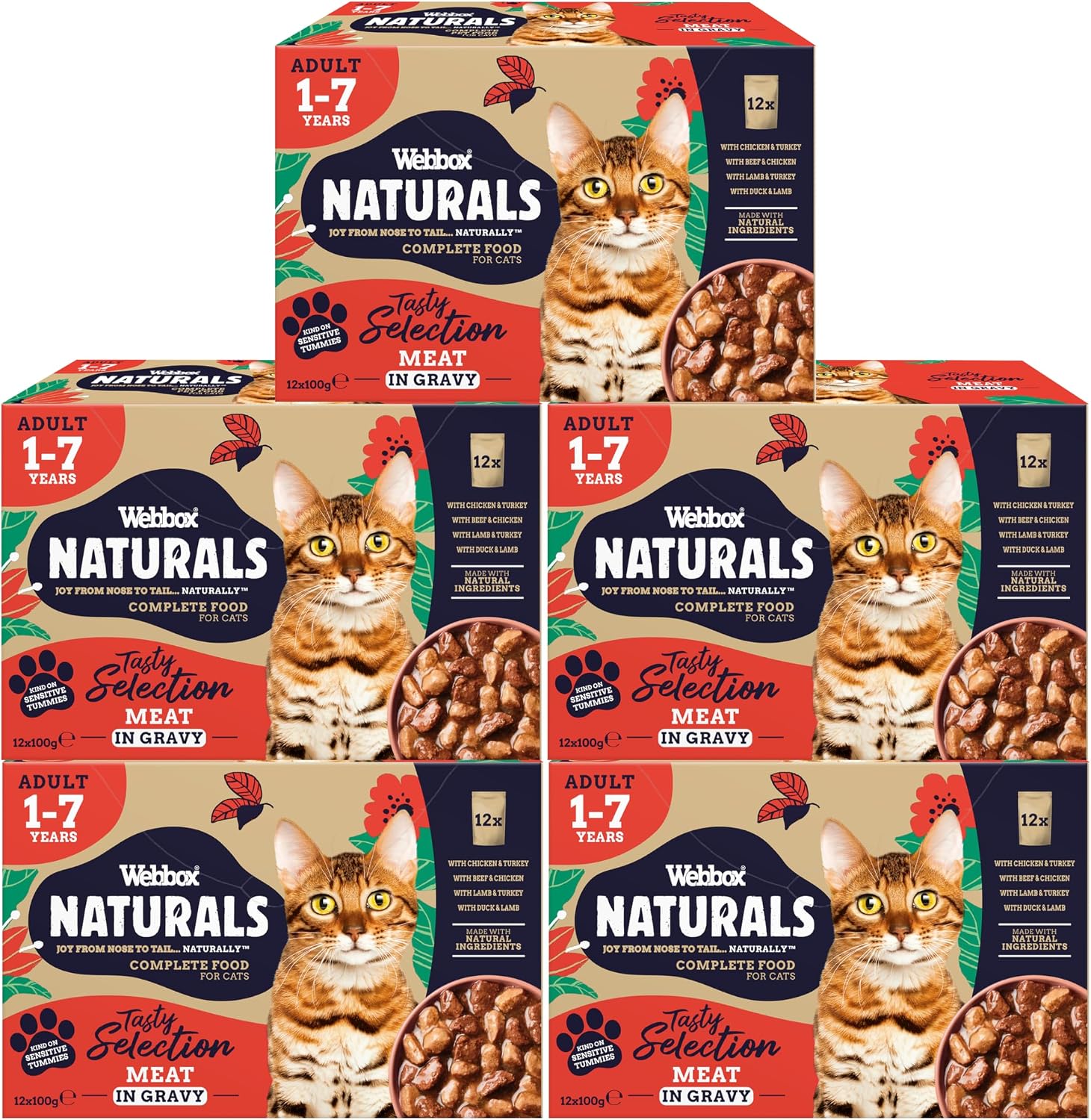 Webbox Naturals Complete Adult Wet Cat Food, 60 x Meat in Gravy Variety Pack - Made with Natural Ingredients and No Nasties (60 x 100g Pouches)