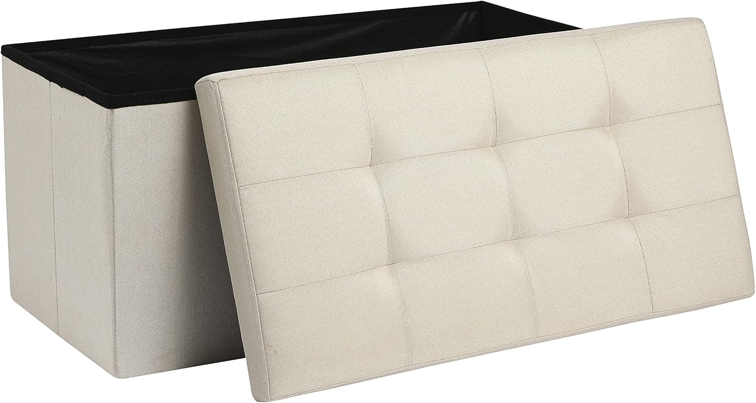 AKA Storage Ottoman, Padded Foldable Bench, Chest with Lid, Holds up to 300 kg, for Bedroom, Hallway, Living Room (Beige Linen, 76cm x 38cm x 38cm)