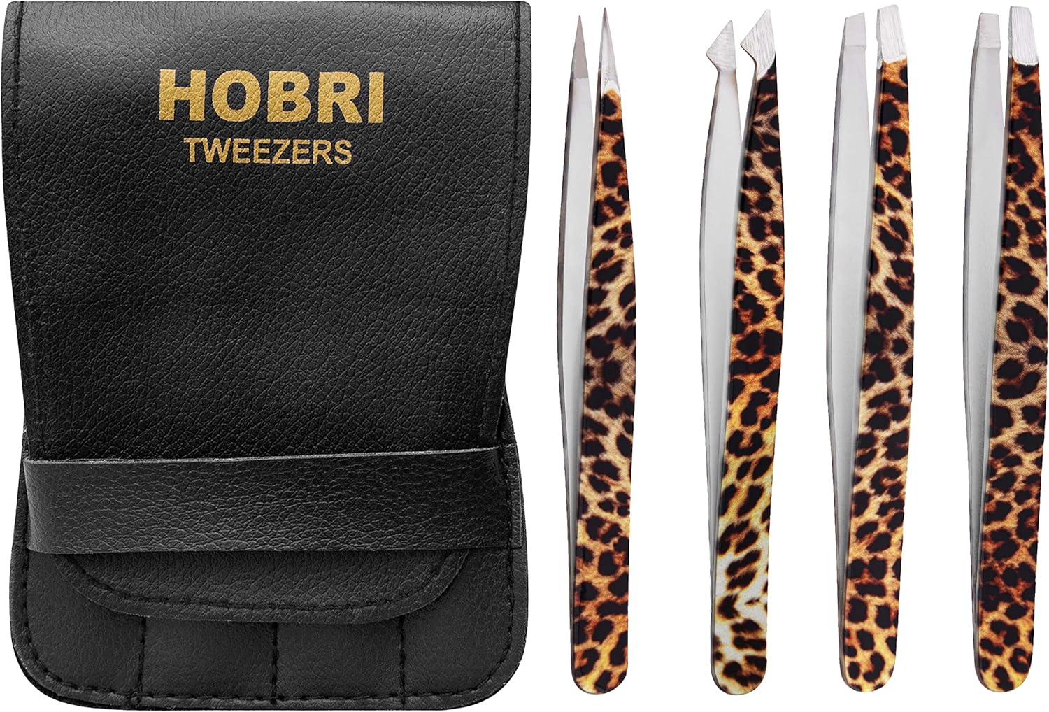 Tweezers Set, Eyebrows Tweezers Set Professional Stainless Steel Tweezers Set - 4 Pieces with Leatherette Travel Case Perfect for Facial Hair, Beauty and Personal Care Tool (Leapord Style)
