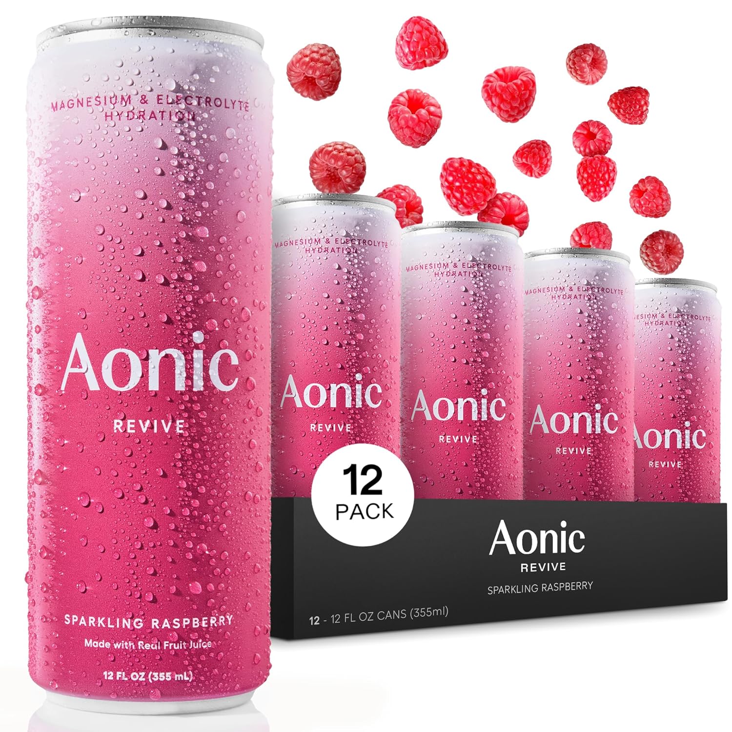Aonic Revive Sparkling Raspberry – Functional Hydration Drink, Magnesium + Potassium Electrolytes, Delicious Taste, Real Fruit Juice, 12oz (12 Pack)