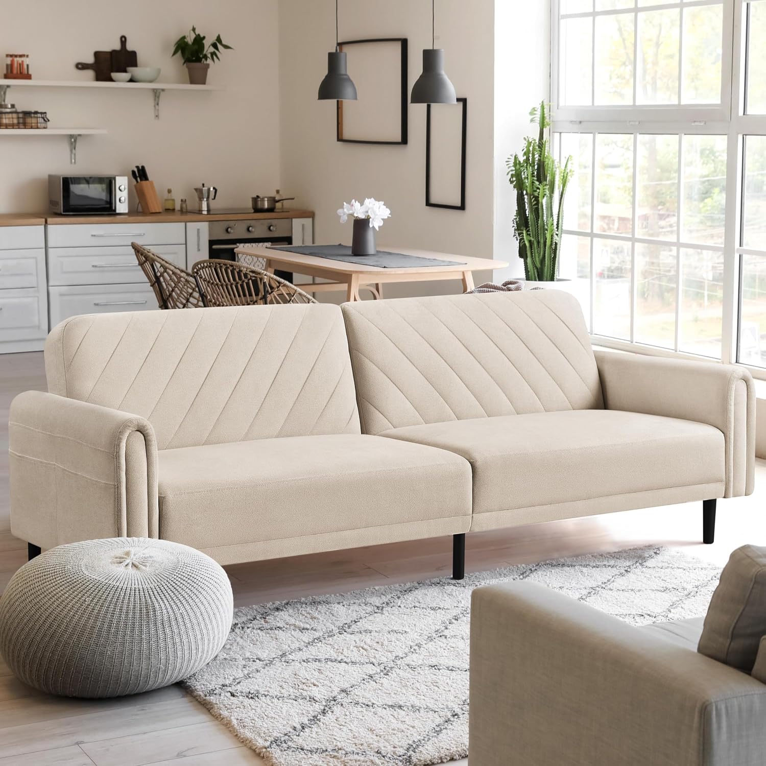 Yaheetech Beige Fabric 3 Seater Convertible Click Clack Futon Sofa Bed