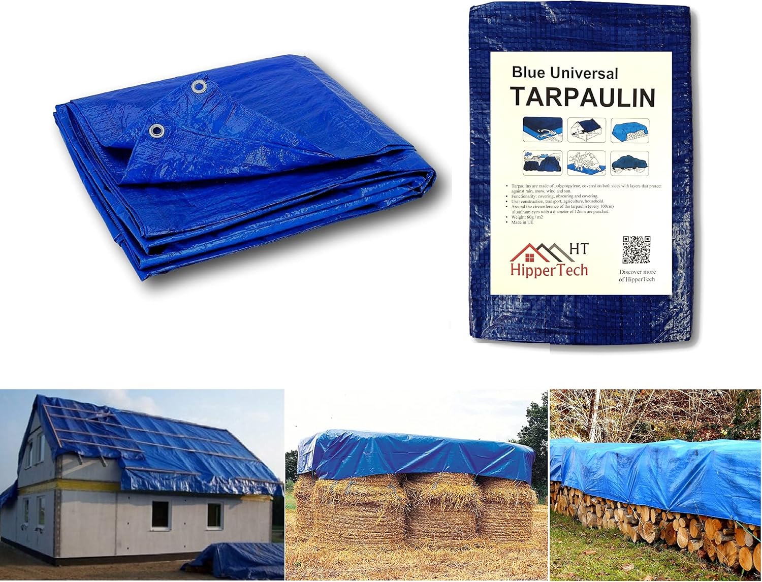 Tarpaulin HipperTech® 4m x 5m / 13ft x 16ft Blue Waterproof Tarpaulin - Tarp Sheet Cover - Woven Polyethylene and Laminated 4m x 5m = 20m² (13ft x 16ft = 208sq ft) - 60 GSM - Weight