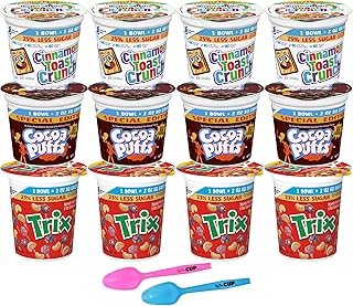 General Mills 25% Less Sugar Cereal Variety, 2 oz Cups (Pack of 12), Cocoa Puffs, Cinnamon Toast Crunch, Trix with By The Cup Mood Spoons