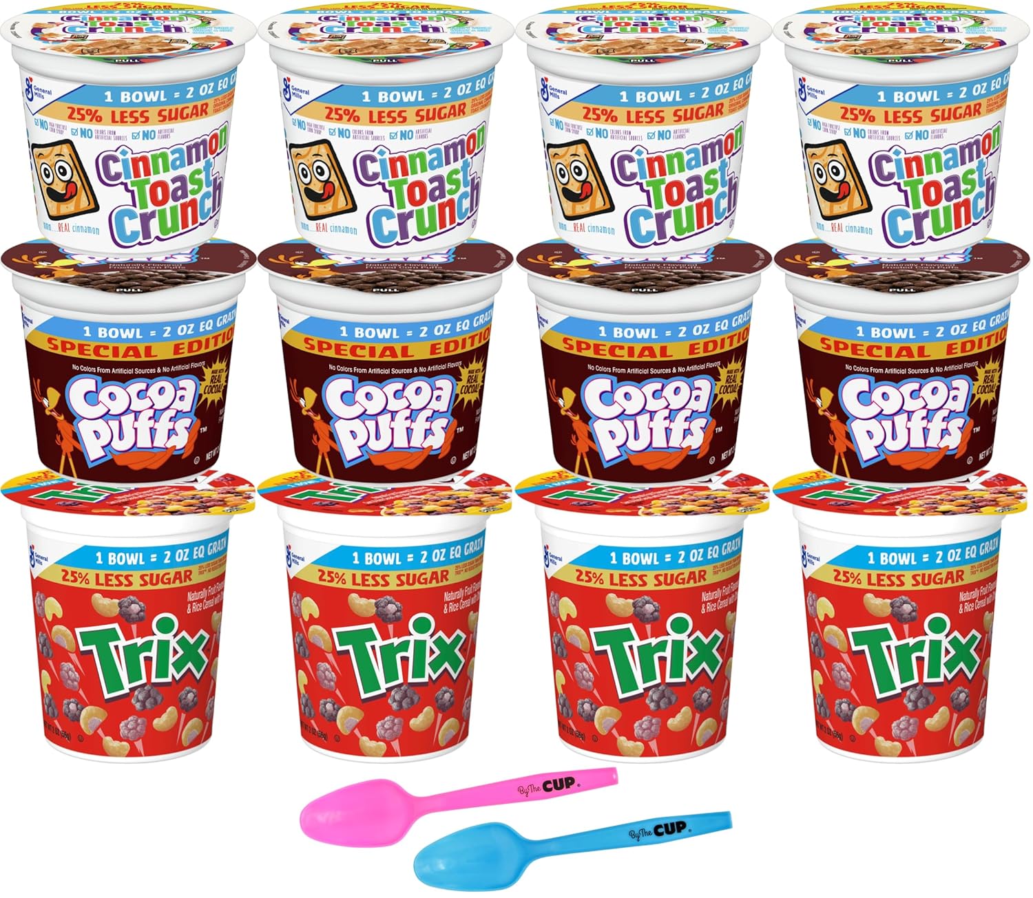 General Mills 25% Less Sugar Cereal Variety, 2 oz Cups (Pack of 12), Cocoa Puffs, Cinnamon Toast Crunch, Trix with By The Cup Mood Spoons