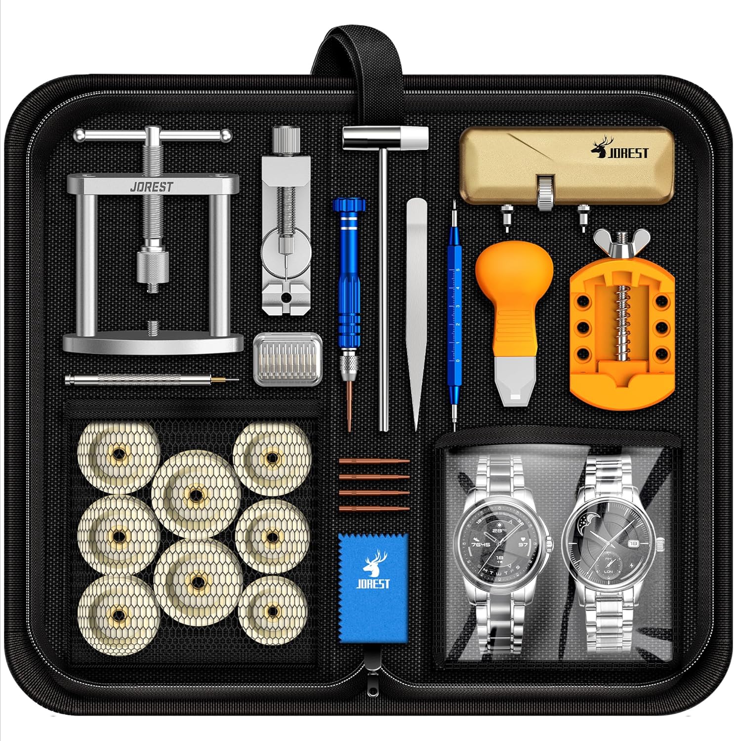 JOREST Watch Repair Kit + Watch Press Tool, Battery Replacement, Strap Adjustment, Wrench Opening Back Cover, Case Opener/Closer, Link Remover Sizing Bracelet, Screwdriver Band Pin Removal, Spring Bar