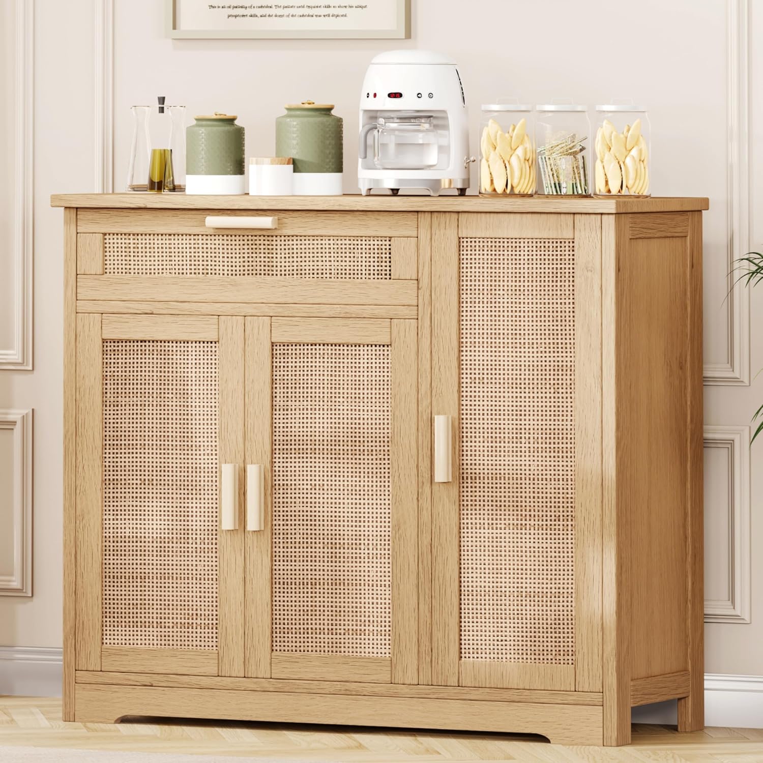 Rattan Sideboard Buffet Cabinet, Floor Storage Cabinet with Drawer & 3 Doors, Rattan Floor Cabinet with Adjustable Shelf, Accent Cabinet for Kitchen, Living Room, Hallway, Natural KES001MCWG