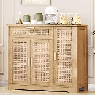 Rattan Sideboard Buffet Cabinet, Floor Storage Cabinet with Drawer & 3 Doors, Rattan Floor Cabinet with Adjustable Shelf, Accent Cabinet for Kitchen, Living Room, Hallway, Natural KES001MCWG